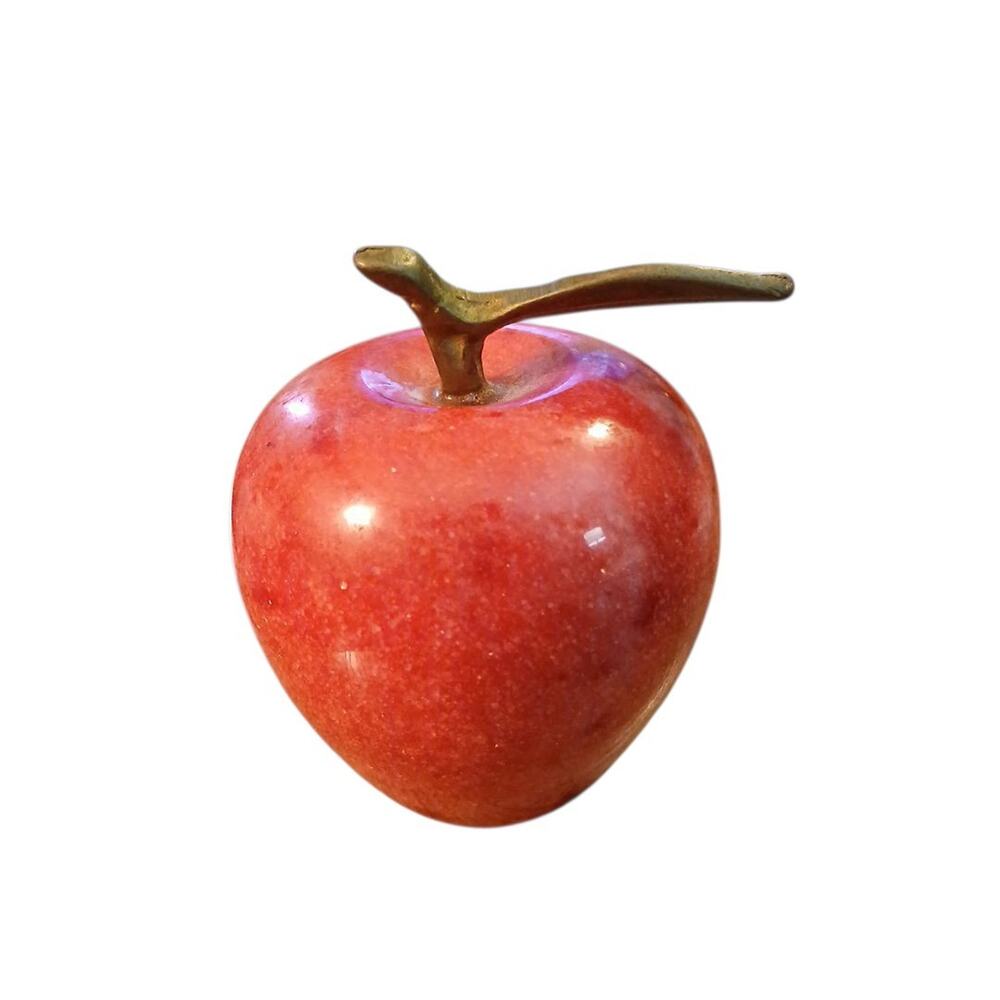 Vtg Shiny Red Marble Apple Paperweight Brass‎ Stem and Leaf Teacher Desk Gift 5" - Picture 2 of 5